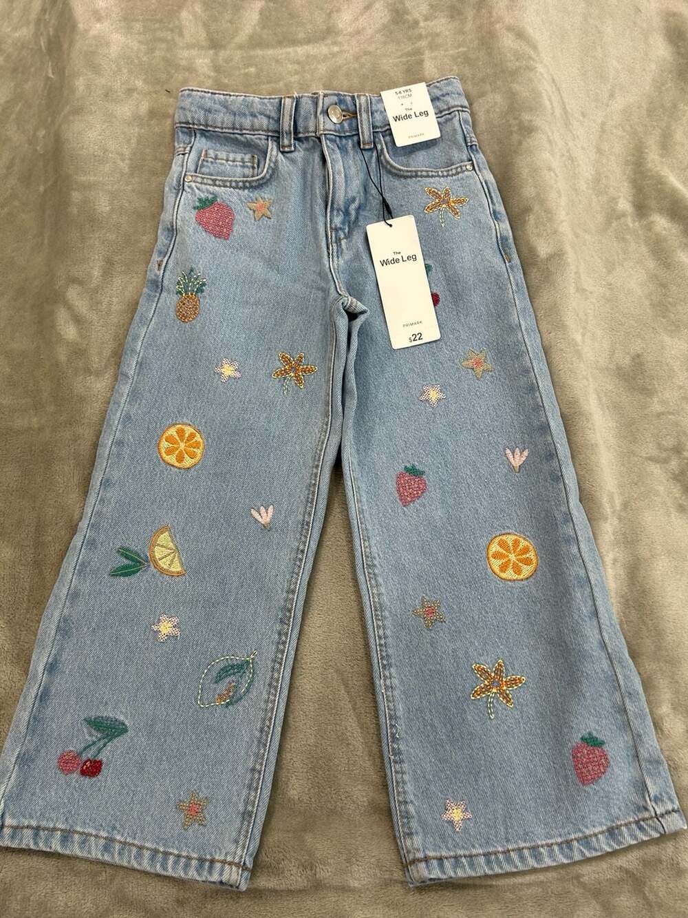 Primark Girls Wide Leg Floral and Fruit Embroidered Jeans Light Blue 5-6 Yrs